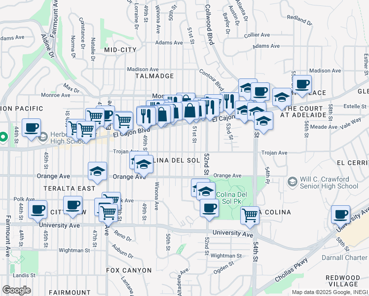 map of restaurants, bars, coffee shops, grocery stores, and more near 4321 Altadena Avenue in San Diego