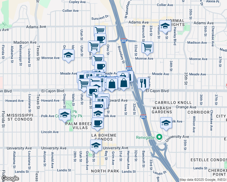 map of restaurants, bars, coffee shops, grocery stores, and more near 3104 El Cajon Boulevard in San Diego