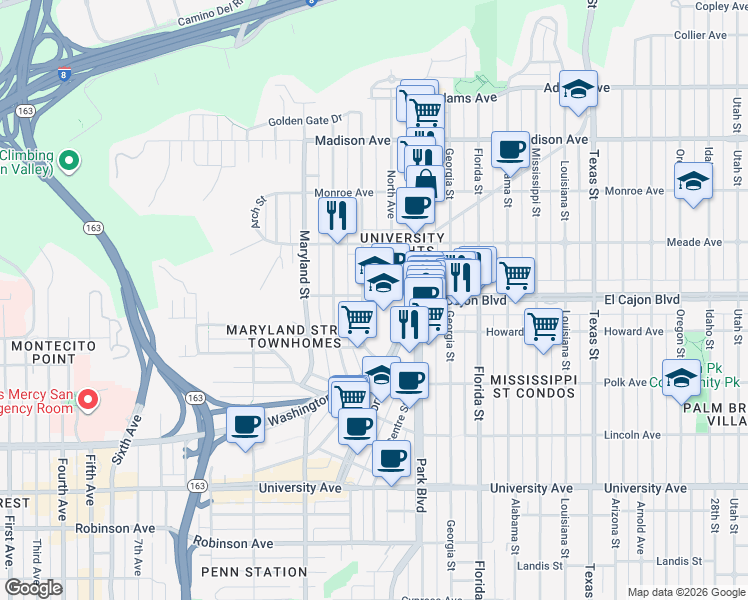 map of restaurants, bars, coffee shops, grocery stores, and more near 4301 Campus Avenue in San Diego