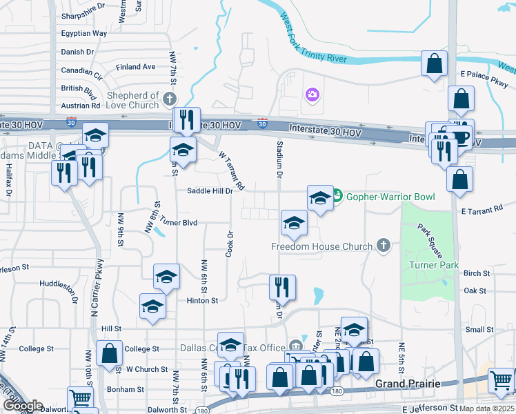 map of restaurants, bars, coffee shops, grocery stores, and more near 1075 Stadium Drive in Grand Prairie