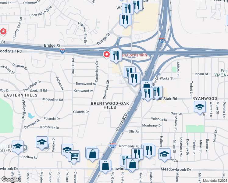 map of restaurants, bars, coffee shops, grocery stores, and more near 6420 Brentwood Drive in Fort Worth