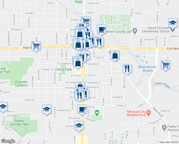 map of restaurants, bars, coffee shops, grocery stores, and more near 303 South Main Street in Weatherford