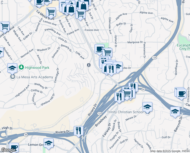 map of restaurants, bars, coffee shops, grocery stores, and more near 4210 Black Mountain Road in La Mesa