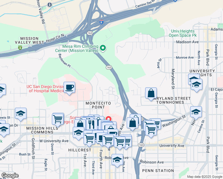 map of restaurants, bars, coffee shops, grocery stores, and more near 4287 Fifth Avenue in San Diego