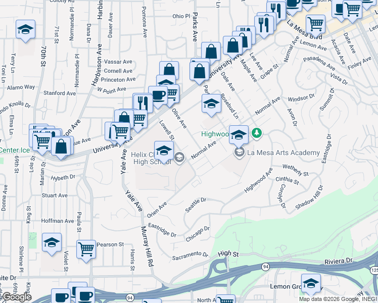 map of restaurants, bars, coffee shops, grocery stores, and more near 4241 Lowell Street in La Mesa
