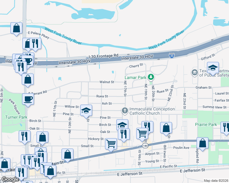 map of restaurants, bars, coffee shops, grocery stores, and more near 1638 Cottonwood Street in Grand Prairie