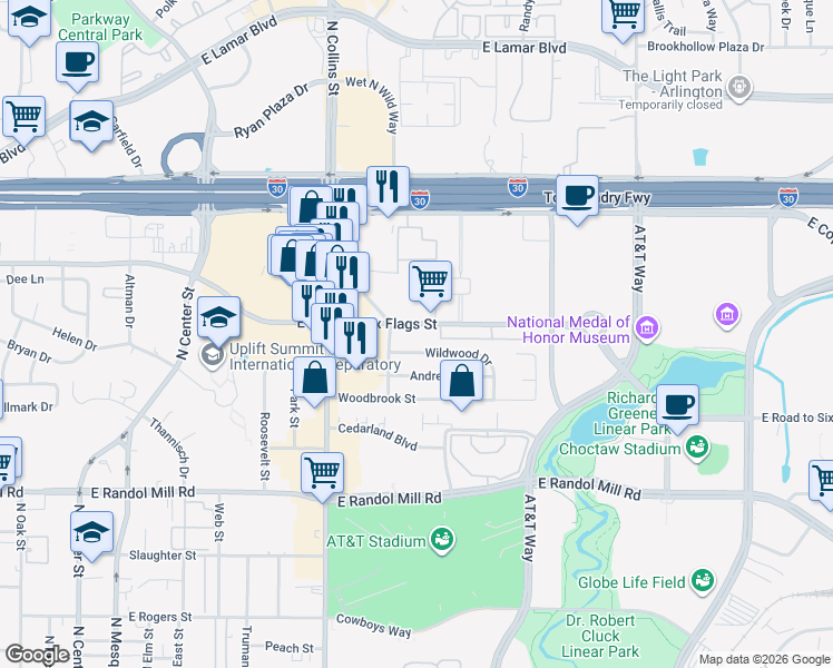 map of restaurants, bars, coffee shops, grocery stores, and more near 1109 East Road to Six Flags Street in Arlington