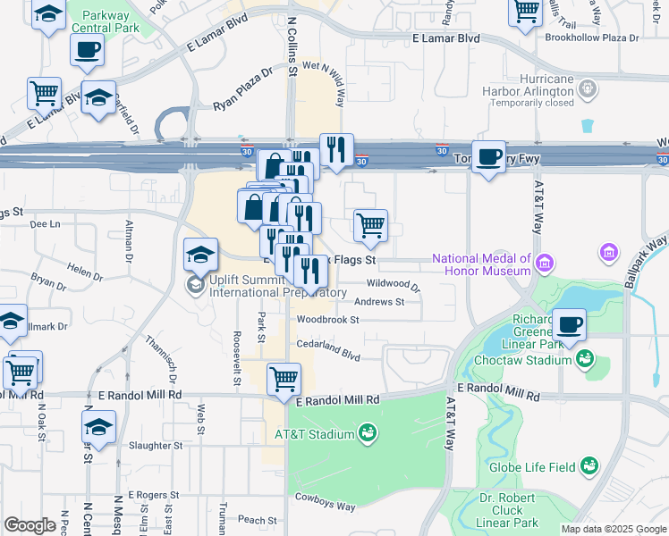 map of restaurants, bars, coffee shops, grocery stores, and more near 1006 East Road to Six Flags Street in Arlington