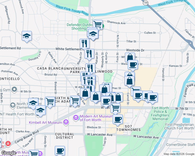 map of restaurants, bars, coffee shops, grocery stores, and more near in Fort Worth