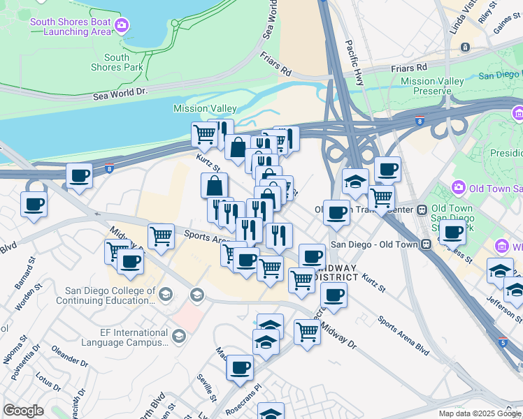 map of restaurants, bars, coffee shops, grocery stores, and more near 3487 Kurtz St in San Diego