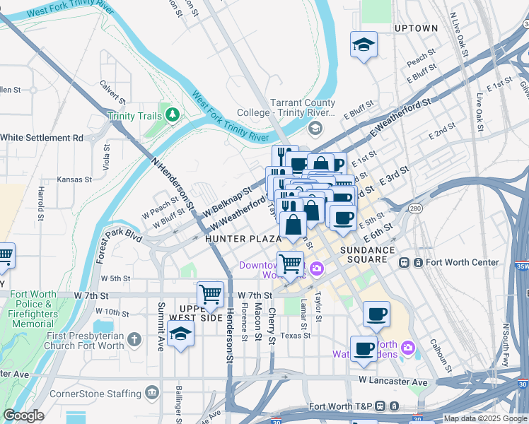 map of restaurants, bars, coffee shops, grocery stores, and more near 180 Taylor Street in Fort Worth