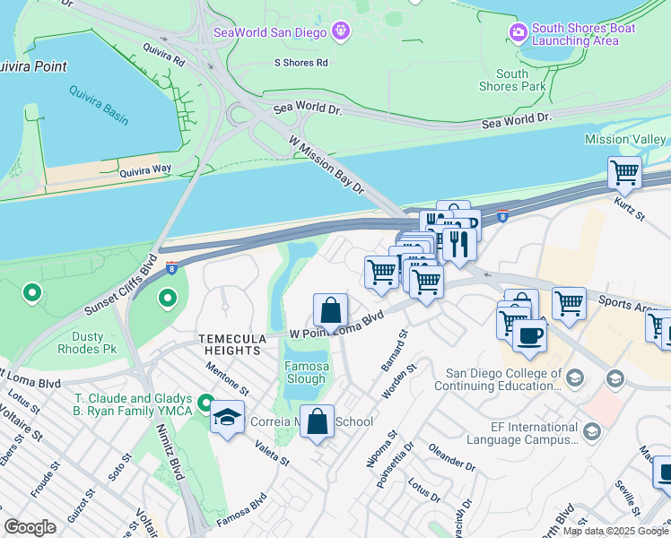 map of restaurants, bars, coffee shops, grocery stores, and more near 3216 Loma Riviera Drive in San Diego