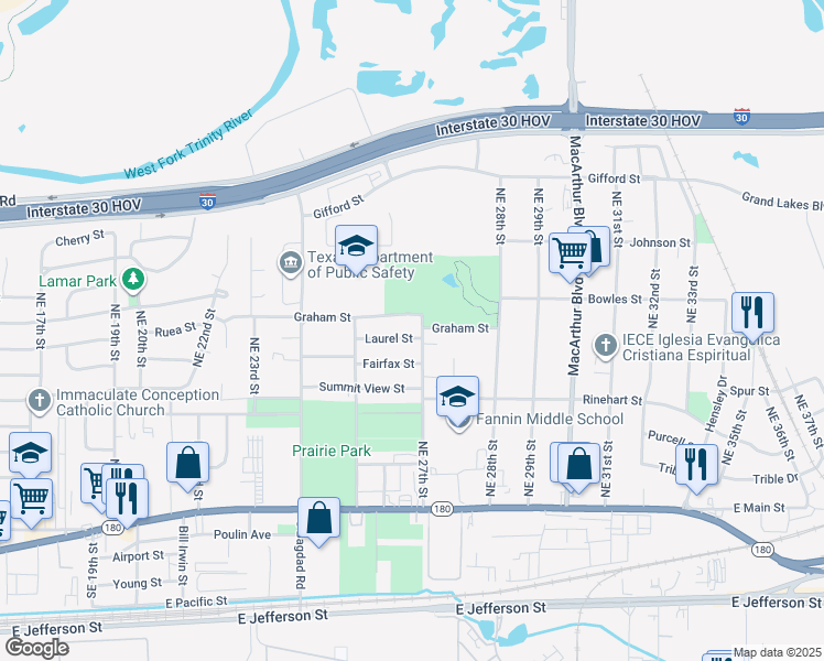 map of restaurants, bars, coffee shops, grocery stores, and more near 2625 Graham Street in Grand Prairie