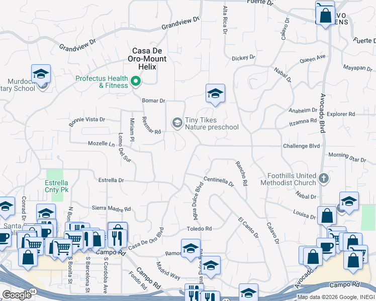 map of restaurants, bars, coffee shops, grocery stores, and more near 10320 Challenge Boulevard in La Mesa