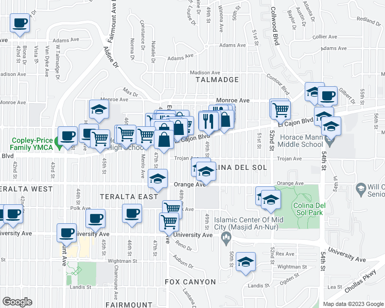 map of restaurants, bars, coffee shops, grocery stores, and more near 4312 Estrella Avenue in San Diego