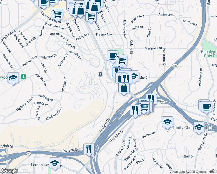 map of restaurants, bars, coffee shops, grocery stores, and more near 4210 Black Mountain Road in La Mesa