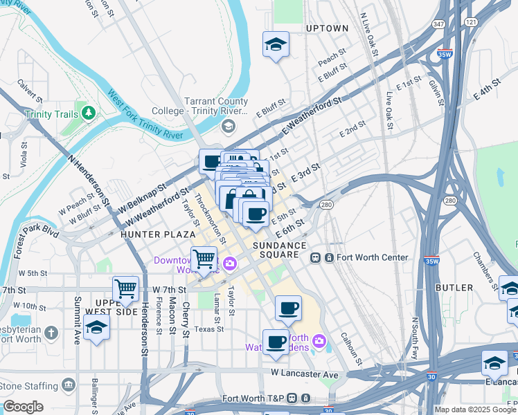 map of restaurants, bars, coffee shops, grocery stores, and more near 425 Commerce Street in Fort Worth