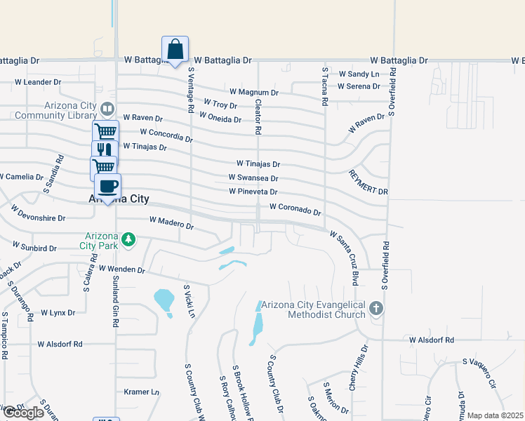map of restaurants, bars, coffee shops, grocery stores, and more near 8719 West Coronado Drive in Arizona City
