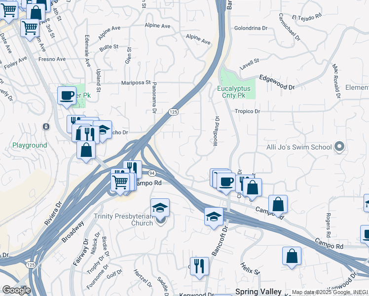 map of restaurants, bars, coffee shops, grocery stores, and more near 4209 Porter Road in La Mesa