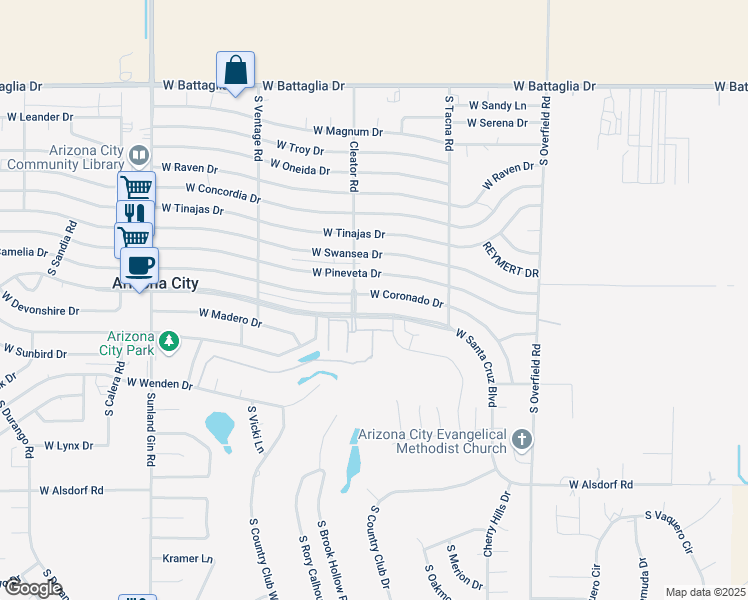 map of restaurants, bars, coffee shops, grocery stores, and more near 8719 West Coronado Drive in Arizona City