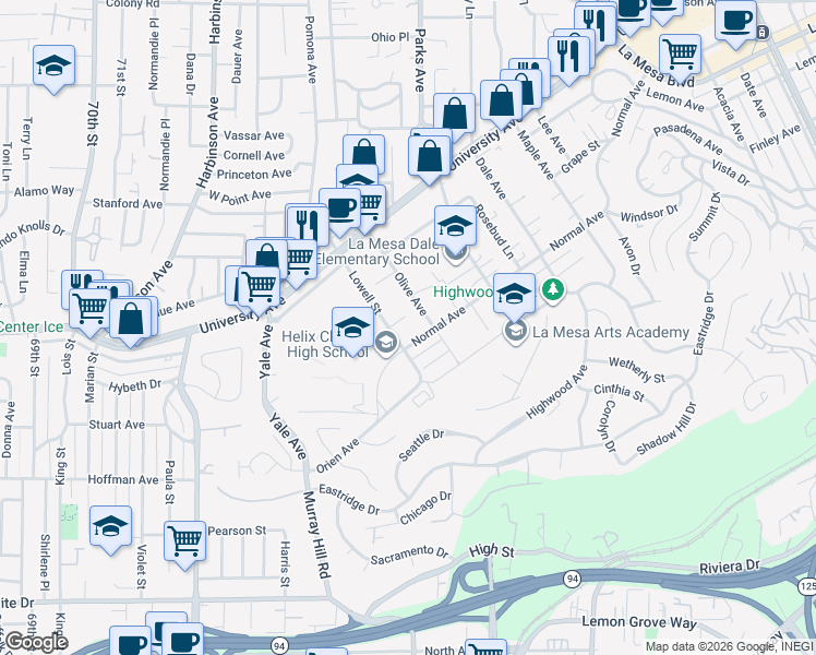 map of restaurants, bars, coffee shops, grocery stores, and more near 4241 Lowell Street in La Mesa