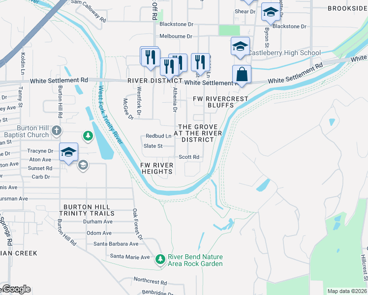 map of restaurants, bars, coffee shops, grocery stores, and more near 5100 Slate Street in Fort Worth