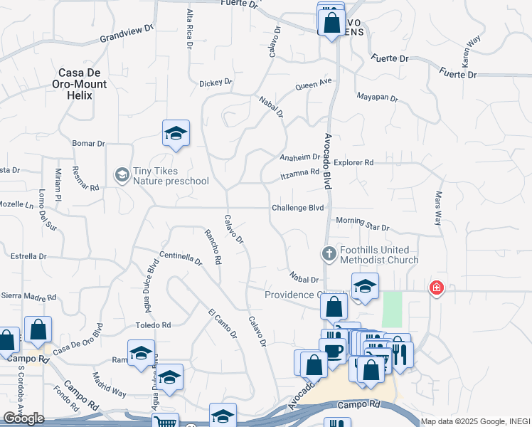 map of restaurants, bars, coffee shops, grocery stores, and more near 10669 Challenge Boulevard in La Mesa