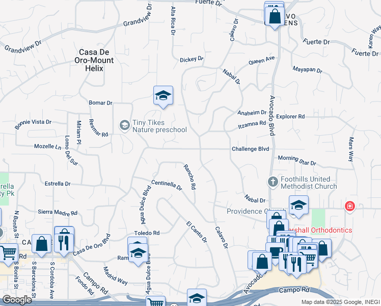 map of restaurants, bars, coffee shops, grocery stores, and more near 10525 Challenge Boulevard in La Mesa