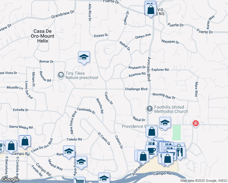 map of restaurants, bars, coffee shops, grocery stores, and more near 10629 Challenge Boulevard in La Mesa