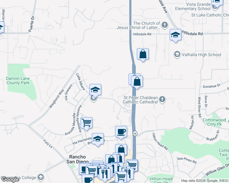 map of restaurants, bars, coffee shops, grocery stores, and more near 12056 Calle De Medio in El Cajon