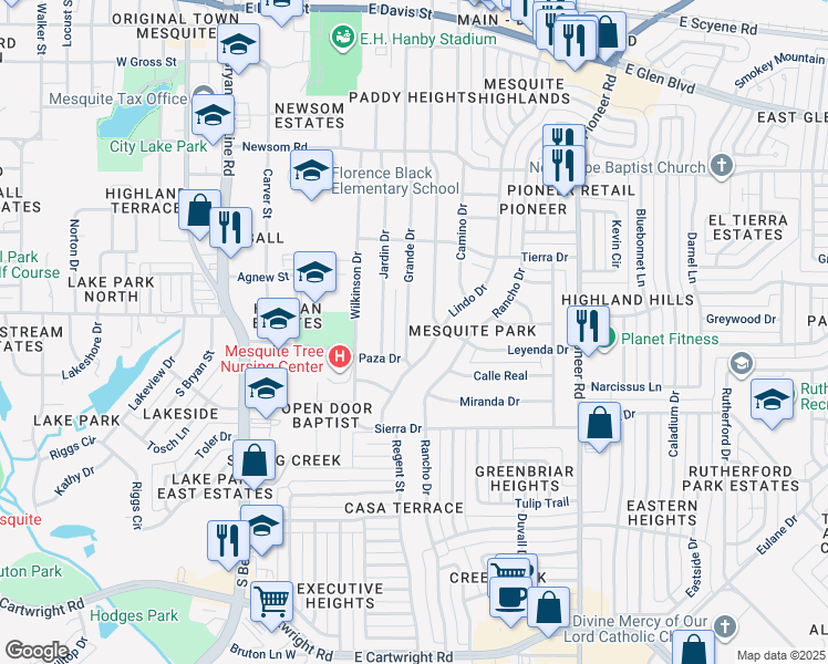 map of restaurants, bars, coffee shops, grocery stores, and more near 1008 Grande Drive in Mesquite