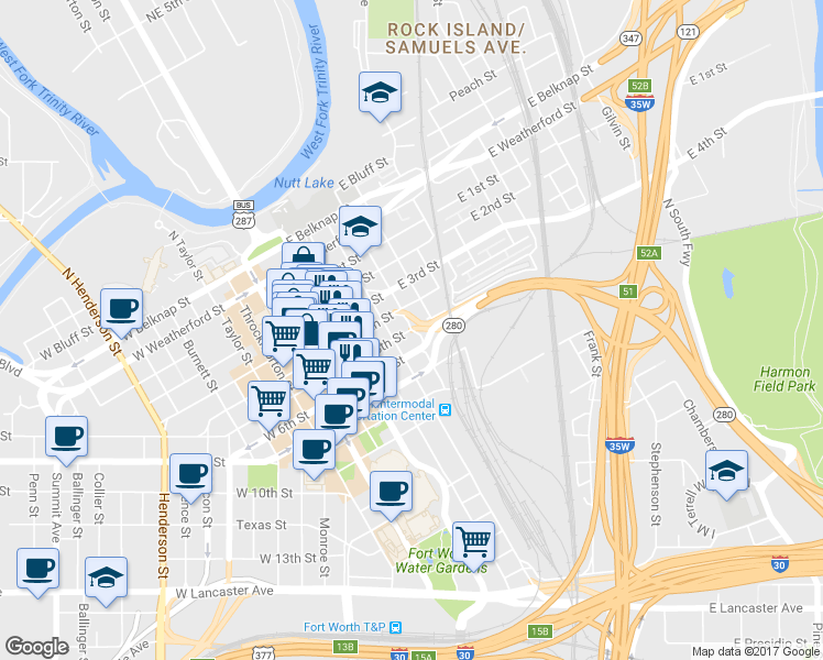 map of restaurants, bars, coffee shops, grocery stores, and more near 498 Highway 280 Spur in Fort Worth