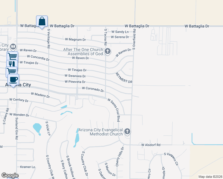 map of restaurants, bars, coffee shops, grocery stores, and more near 8306 West Pineveta Drive in Arizona City