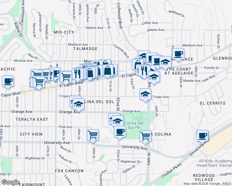 map of restaurants, bars, coffee shops, grocery stores, and more near 4316 52nd Street in San Diego