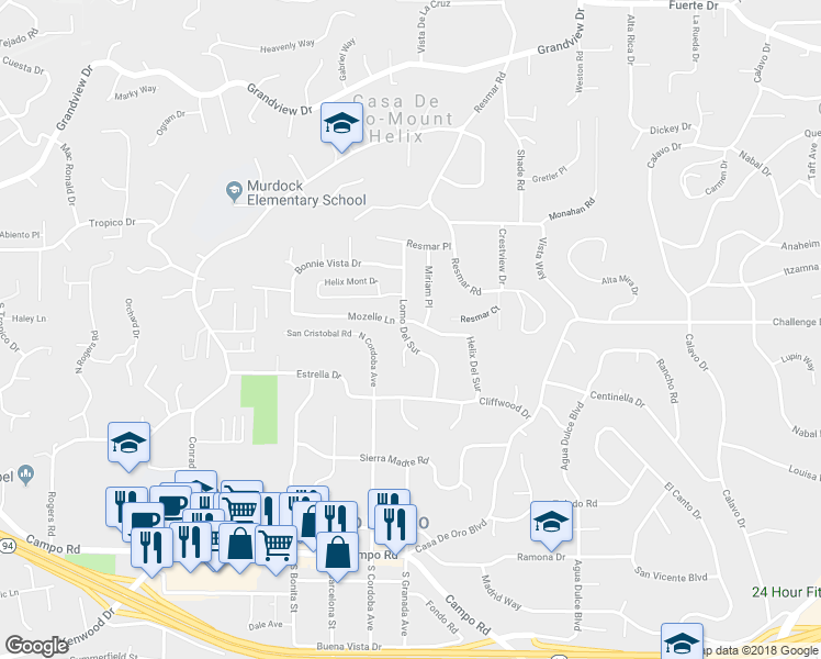 map of restaurants, bars, coffee shops, grocery stores, and more near 4259 Lomo Del Sur in La Mesa