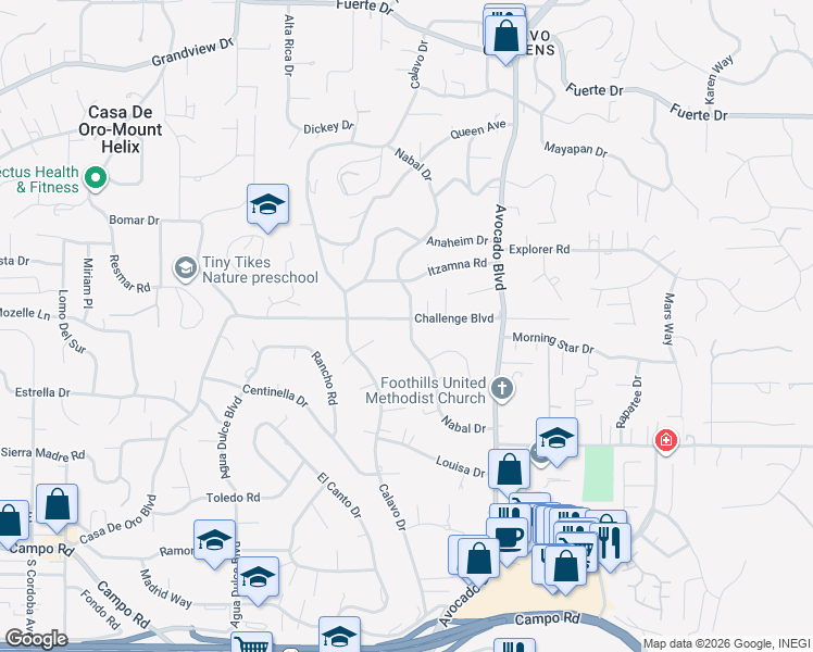 map of restaurants, bars, coffee shops, grocery stores, and more near 10669 Challenge Boulevard in La Mesa