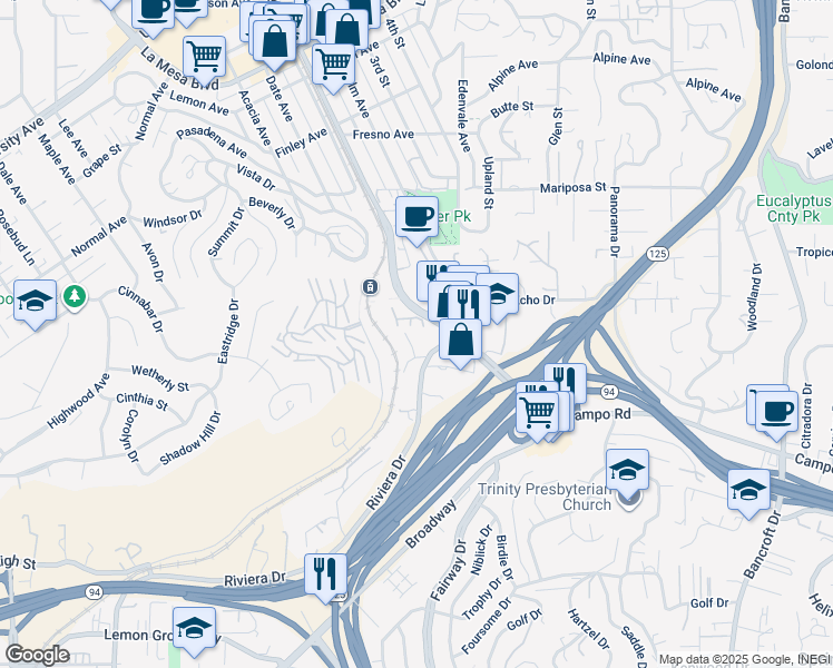 map of restaurants, bars, coffee shops, grocery stores, and more near 4252 Spring Street in La Mesa