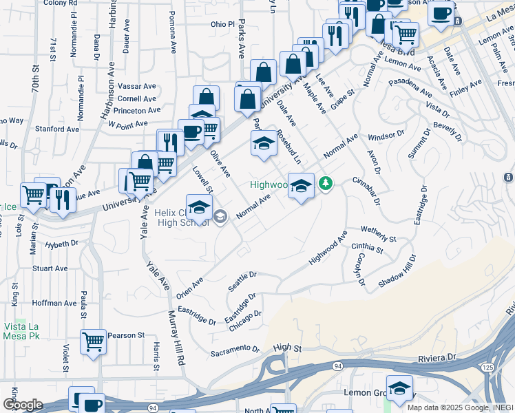 map of restaurants, bars, coffee shops, grocery stores, and more near 7631 Normal Avenue in La Mesa