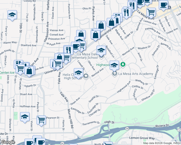 map of restaurants, bars, coffee shops, grocery stores, and more near 4241 Lowell Street in La Mesa
