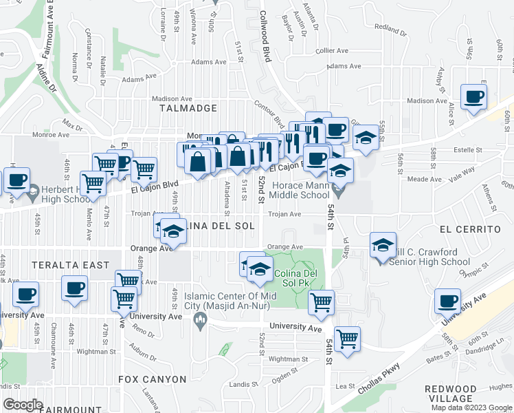 map of restaurants, bars, coffee shops, grocery stores, and more near 4322 52nd Street in San Diego