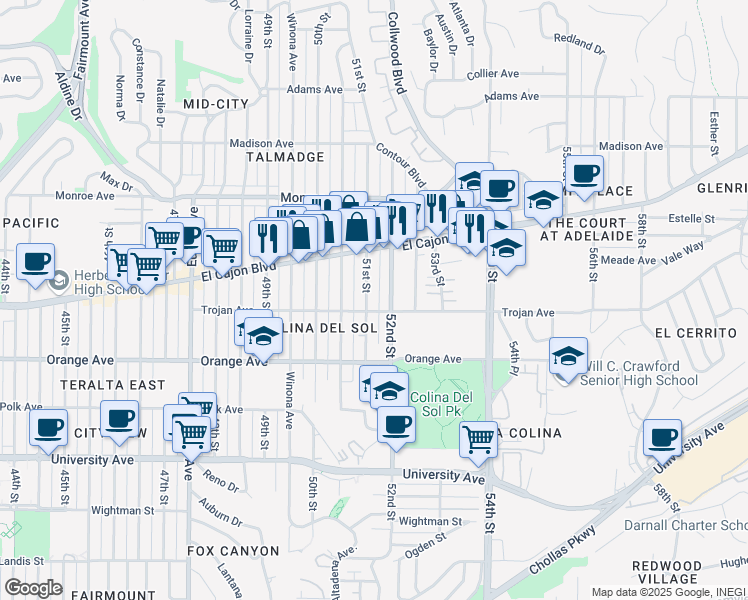 map of restaurants, bars, coffee shops, grocery stores, and more near 4315 51st Street in San Diego