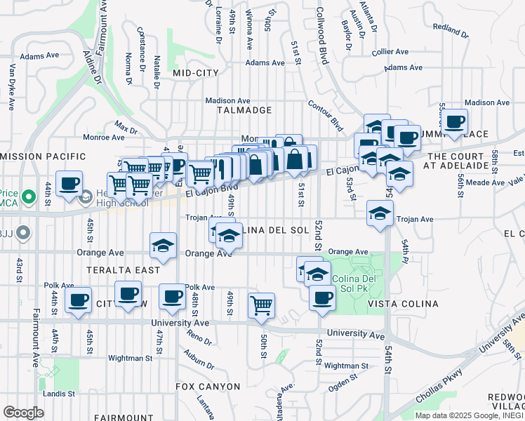 map of restaurants, bars, coffee shops, grocery stores, and more near 4340 50th Street in San Diego
