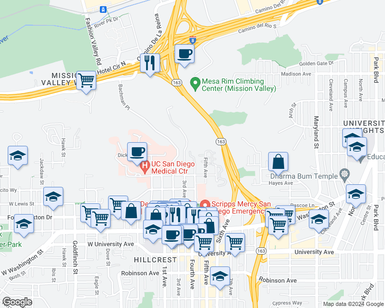 map of restaurants, bars, coffee shops, grocery stores, and more near 4287 Third Avenue in San Diego