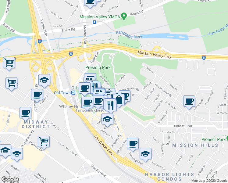 map of restaurants, bars, coffee shops, grocery stores, and more near 4242 Cosoy Way in San Diego