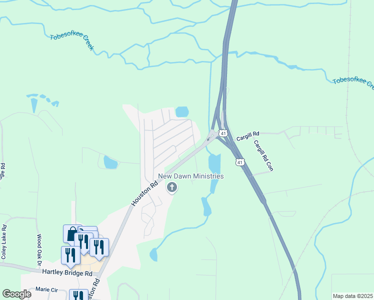 map of restaurants, bars, coffee shops, grocery stores, and more near 5307 Houston Road in Macon