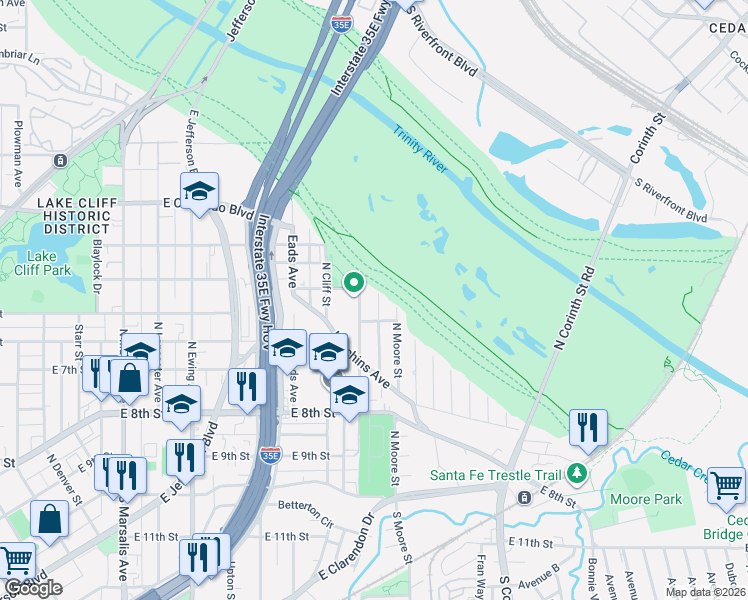map of restaurants, bars, coffee shops, grocery stores, and more near 628 North Denley Drive in Dallas