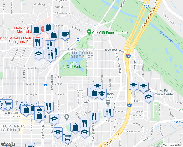 map of restaurants, bars, coffee shops, grocery stores, and more near 619 North Marsalis Avenue in Dallas