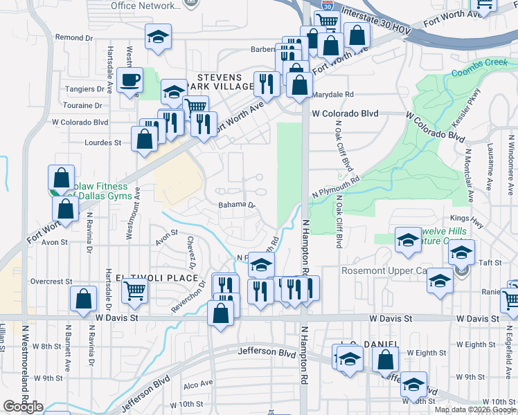 map of restaurants, bars, coffee shops, grocery stores, and more near 2449 Bahama Drive in Dallas