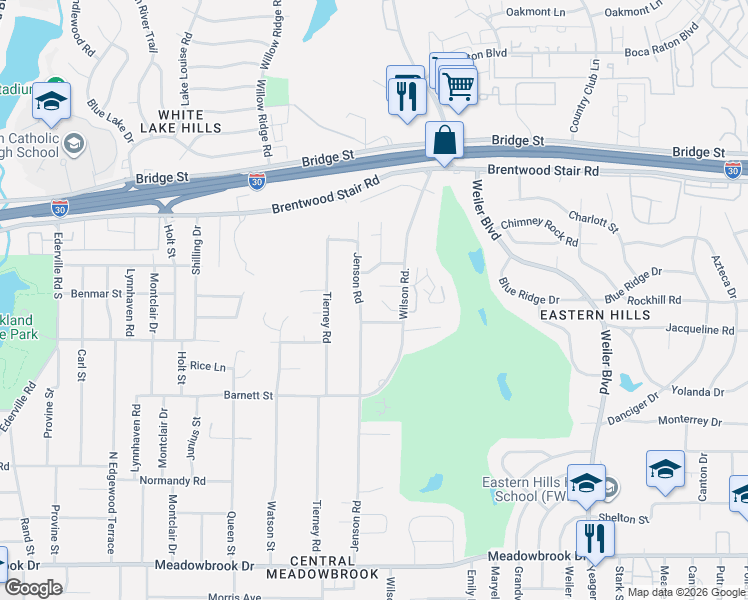 map of restaurants, bars, coffee shops, grocery stores, and more near 1621 Jenson Road in Fort Worth