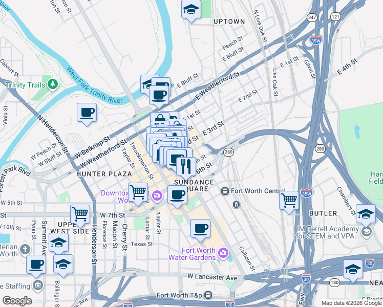 map of restaurants, bars, coffee shops, grocery stores, and more near 330 East 4th Street in Fort Worth